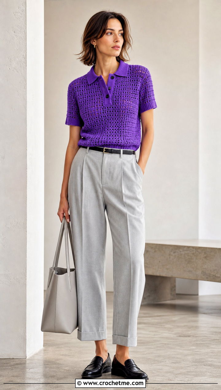 Crochet Polo Sweater With Pleated Trousers - 35 summer crochet sweater outfit ideas