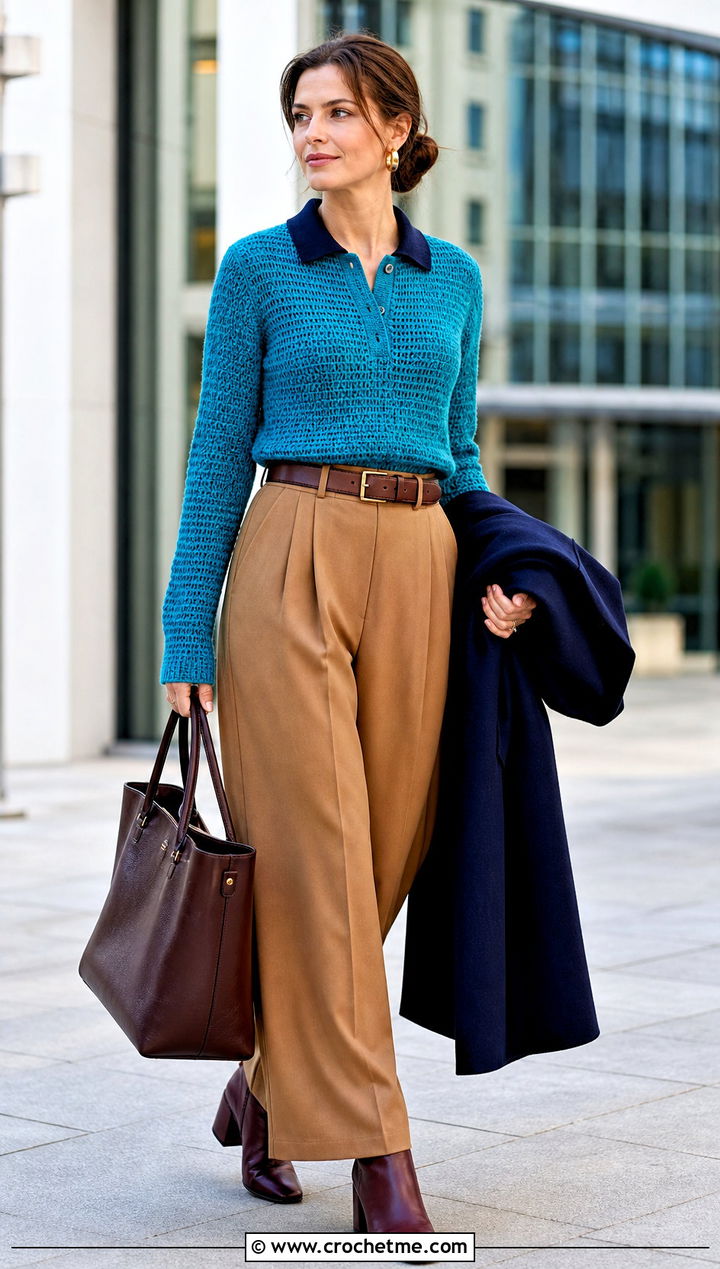 Crochet Polo Sweater With Pleated Trousers - 30 crochet clothes for winter outfit ideas