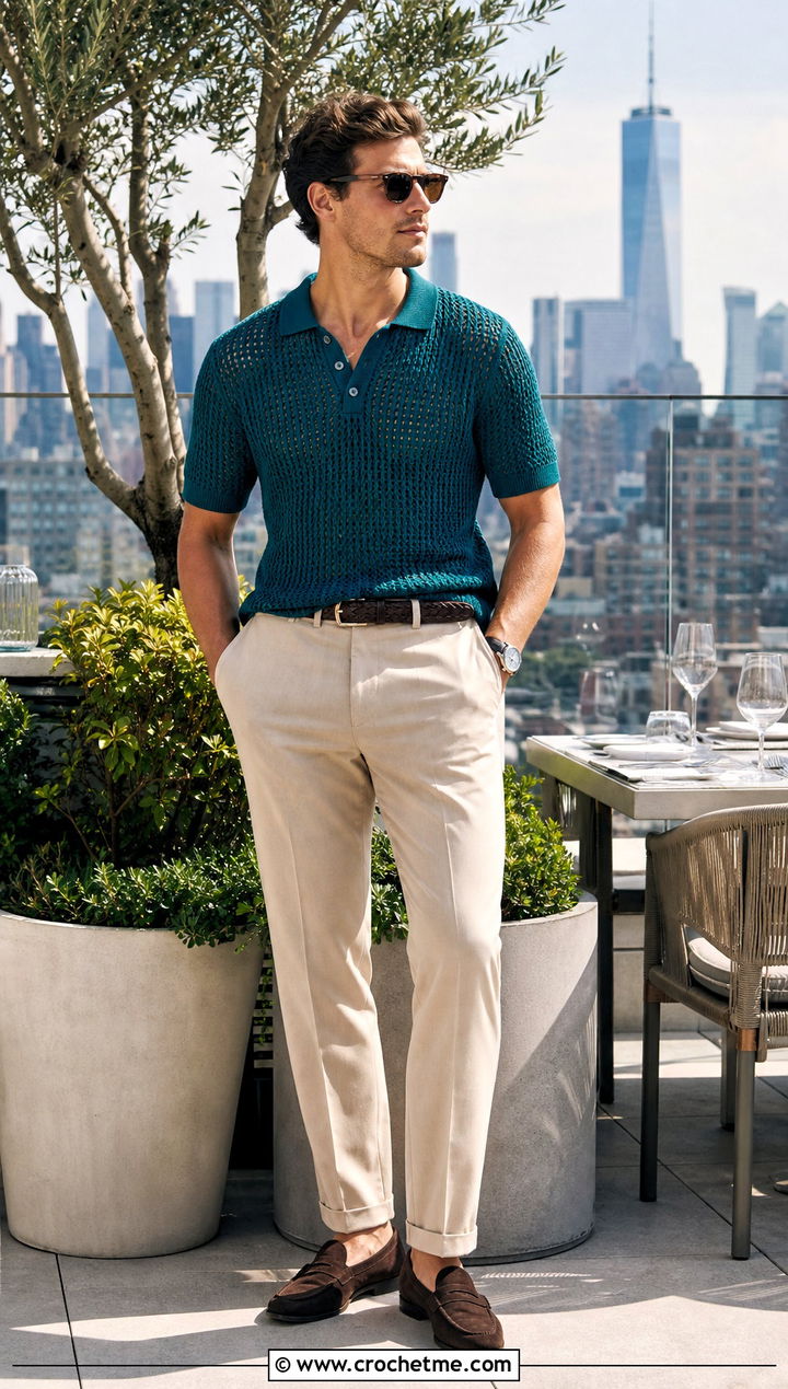 Crochet Polo Sweater With Tailored Chinos - 25 Mens Crochet Sweaters outfit ideas