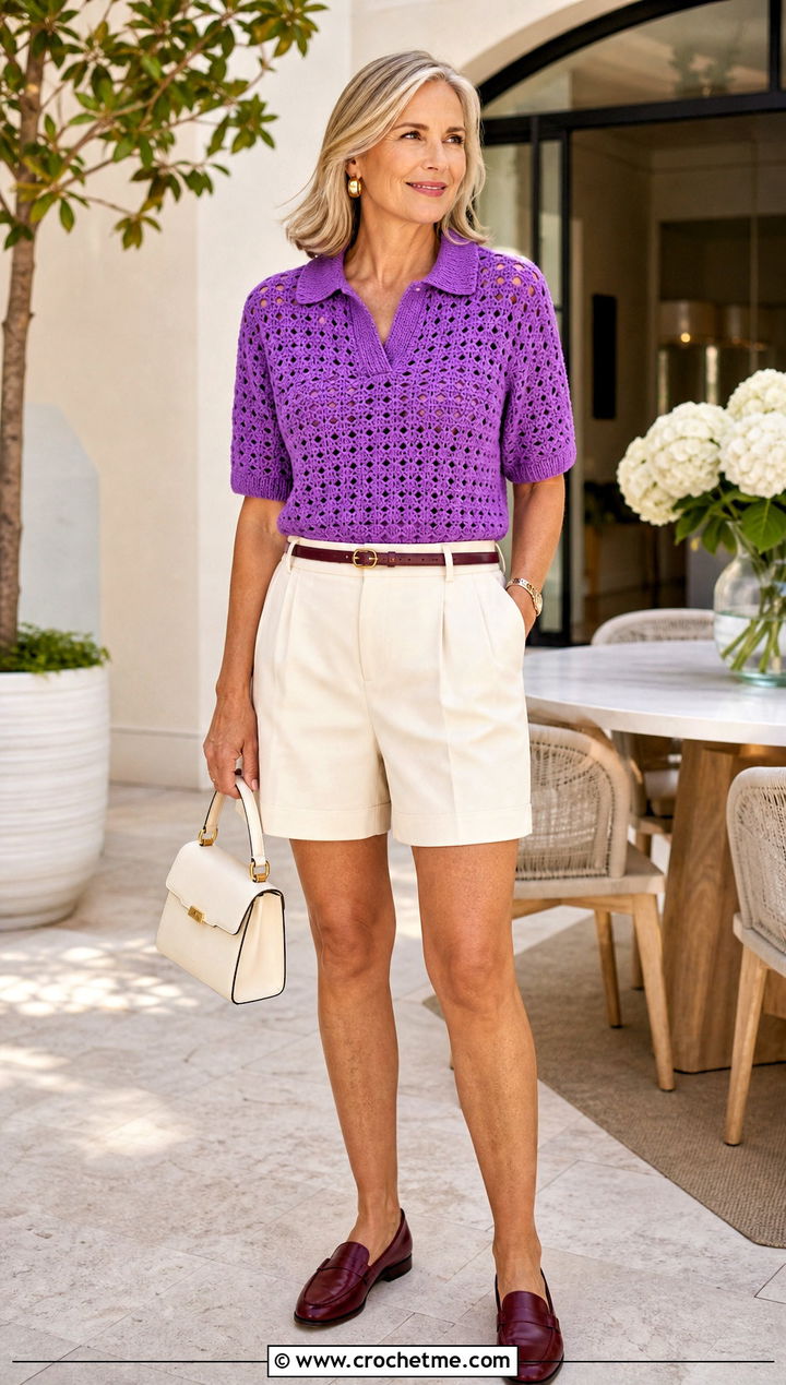 Crochet Polo Sweater With Tailored Shorts - 15 Summer Style Crochet Sweater outfit ideas