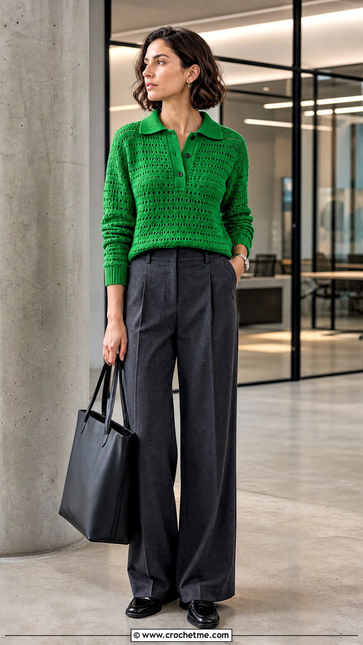 Crochet Polo Sweater With Tailored Trousers - 35 easy crochet sweater outfit ideas