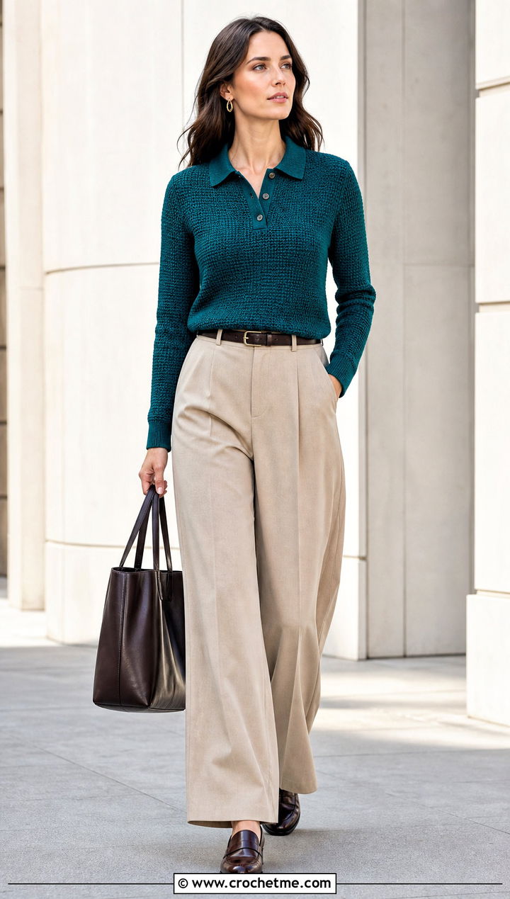 Crochet Polo Sweater With Tailored Trousers - 15 crochet sweater collection outfit ideas