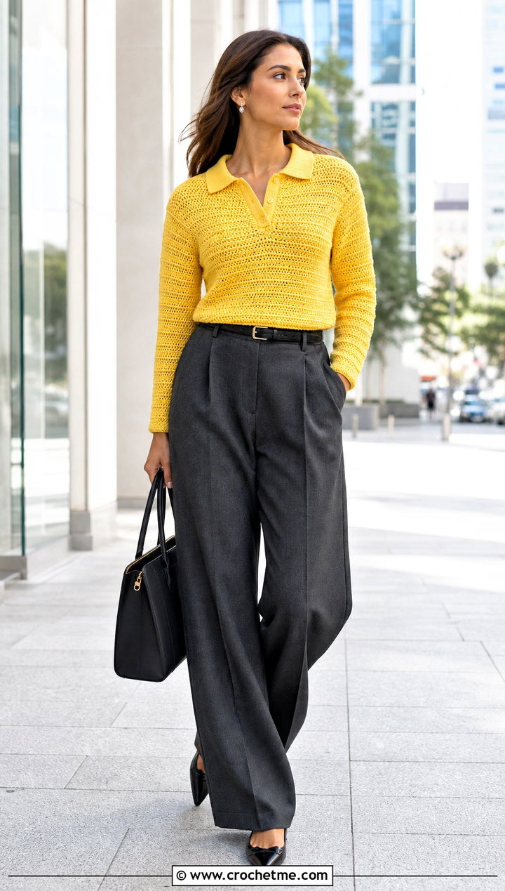 Crochet Polo Sweater With Tailored Trousers - 30 Fall Crochet Clothes Ideas