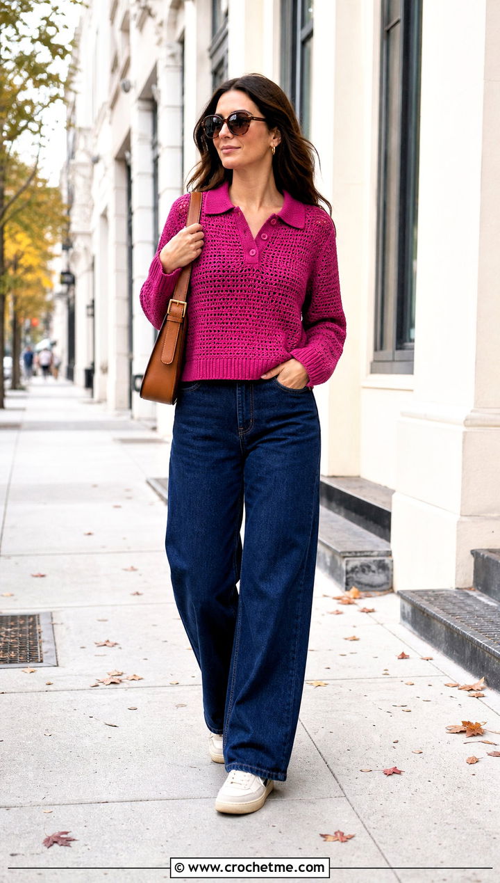 Crochet Polo Sweater With Wide Leg Jeans - 25 Fall Crochet Outfit Ideas