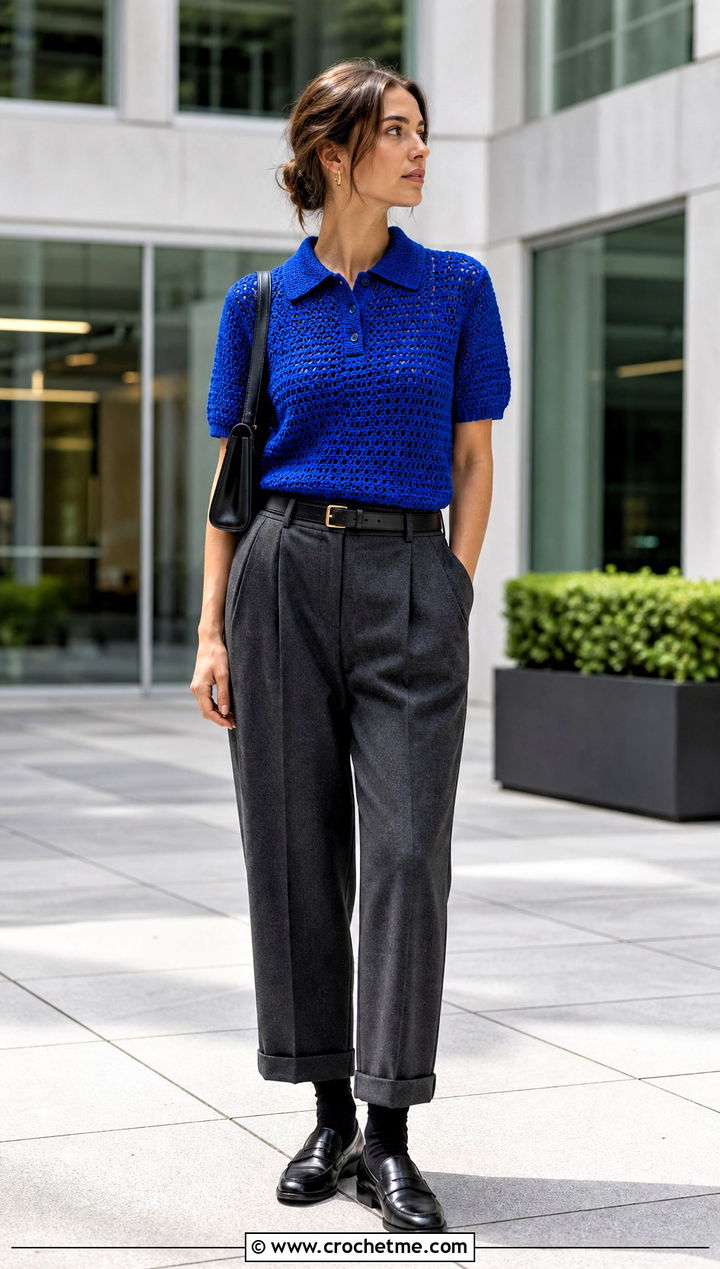 Crochet Polo Sweater With Wool Trousers - 25 Winter Crochet Clothes and outfit ideas