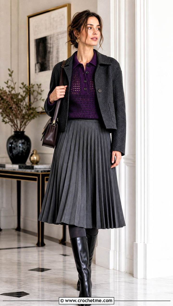 Crochet Polo Sweater With a Pleated Midi Skirt - 30 crochet winter sweater outfit ideas