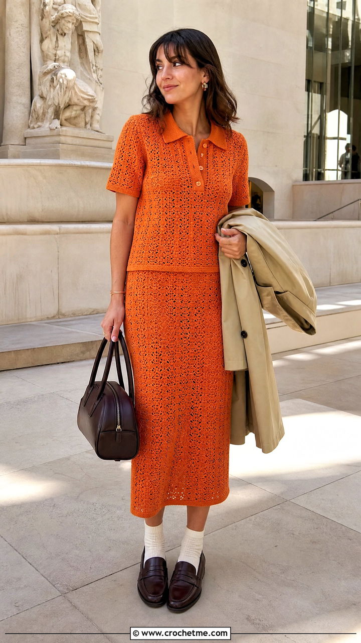 Crochet Polo Top And Midi Skirt Set With Loafers - 35 crochet skirt set outfit ideas