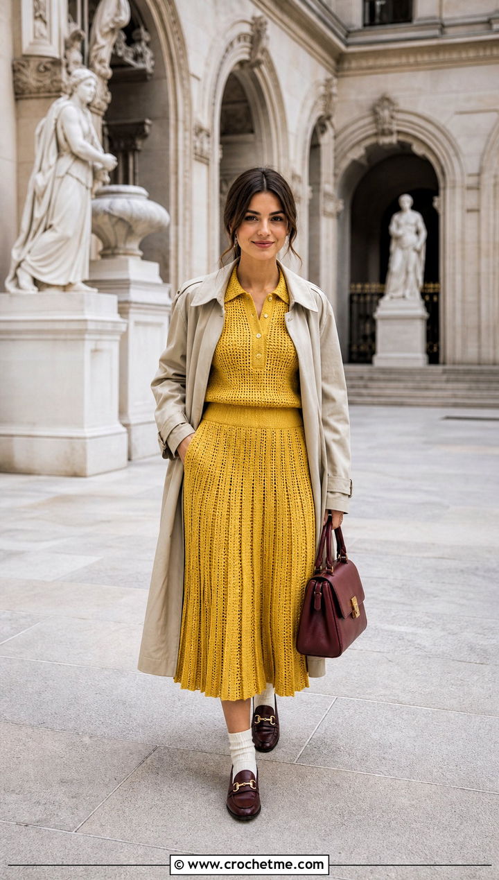 Crochet Polo Top And Pleated Midi Skirt With Loafers - 35 crochet skirt and top outfit ideas