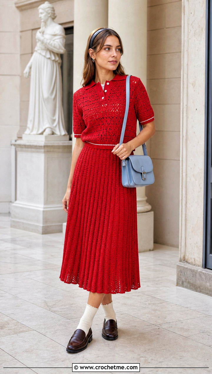 Crochet Polo Top And Pleated Skirt Set With Loafers - 25 two piece crochet skirt set outfit ideas