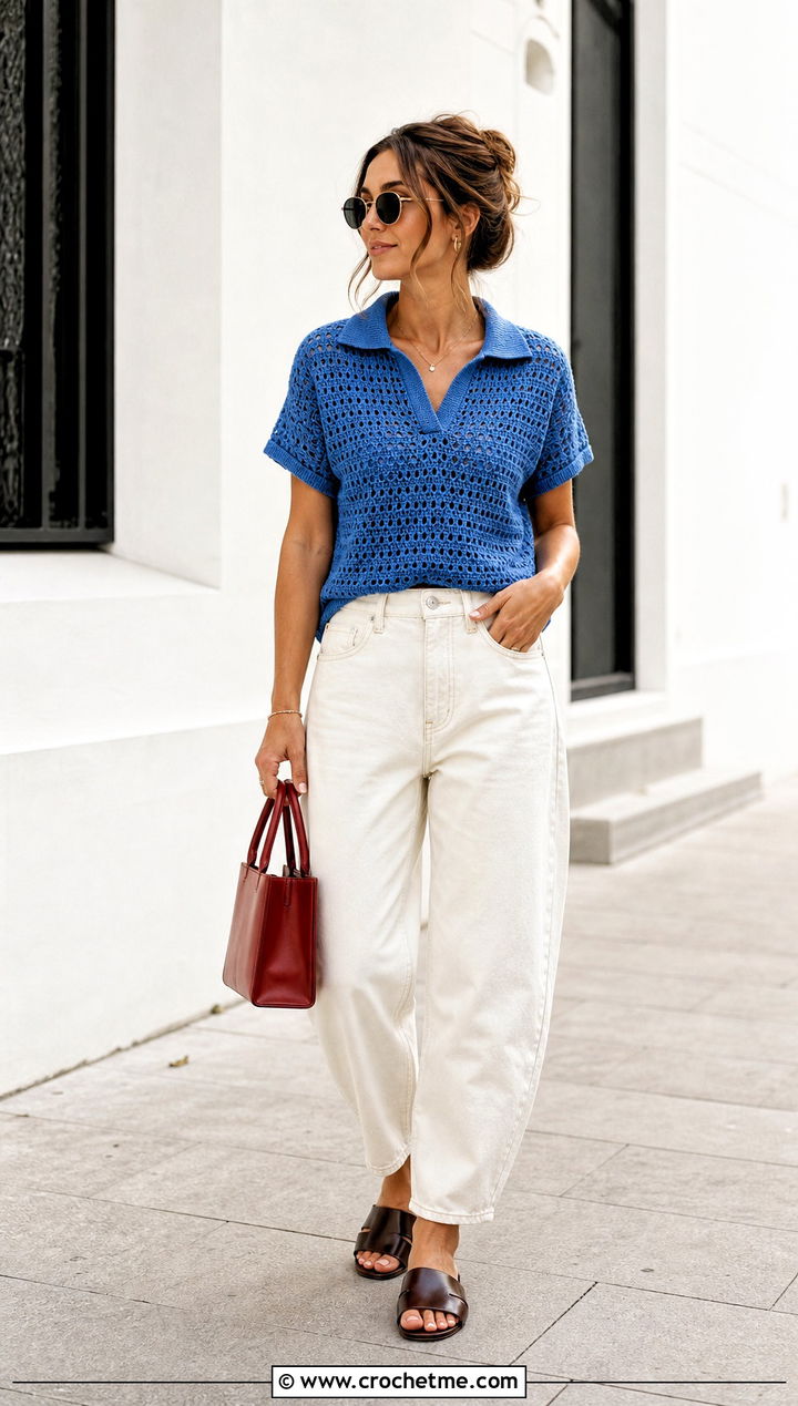 Crochet Polo Top With Barrel Jeans - 15 boho crochet summer top outfit ideas