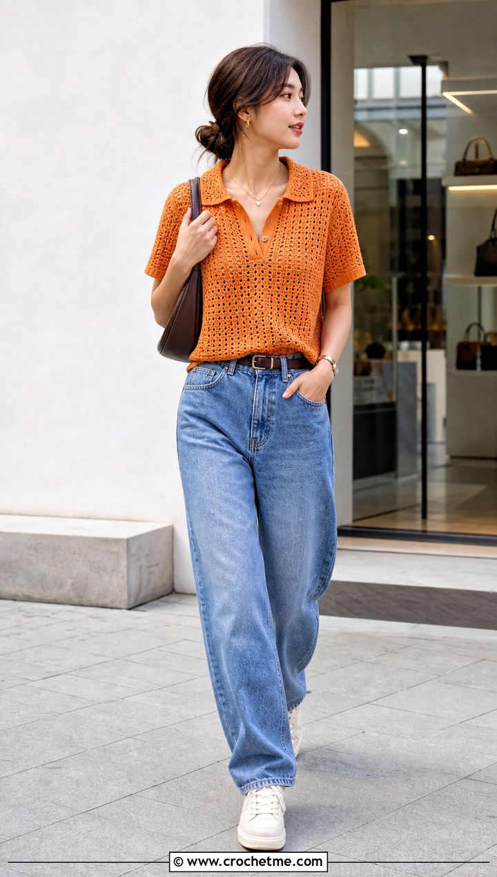 Crochet Polo Top With Barrel Jeans - 30 korean crochet outfits ideas