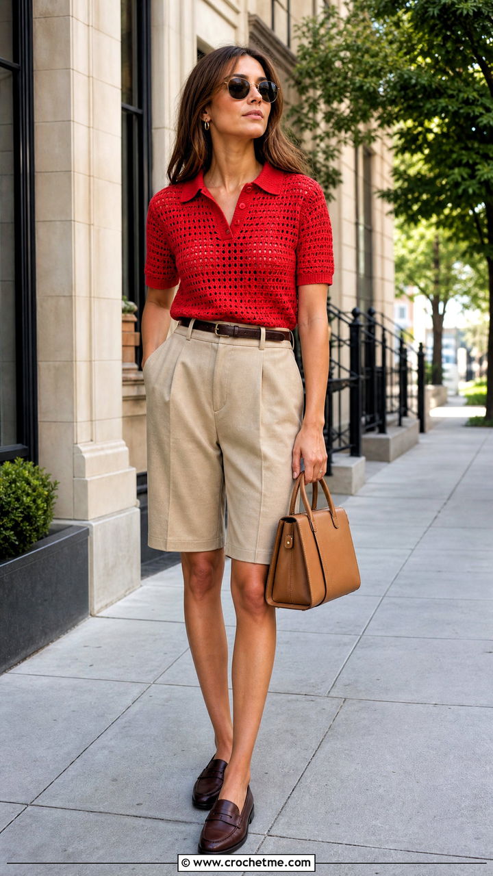 Crochet Polo Top With Bermuda Shorts - 35 crochet top outfits ideas