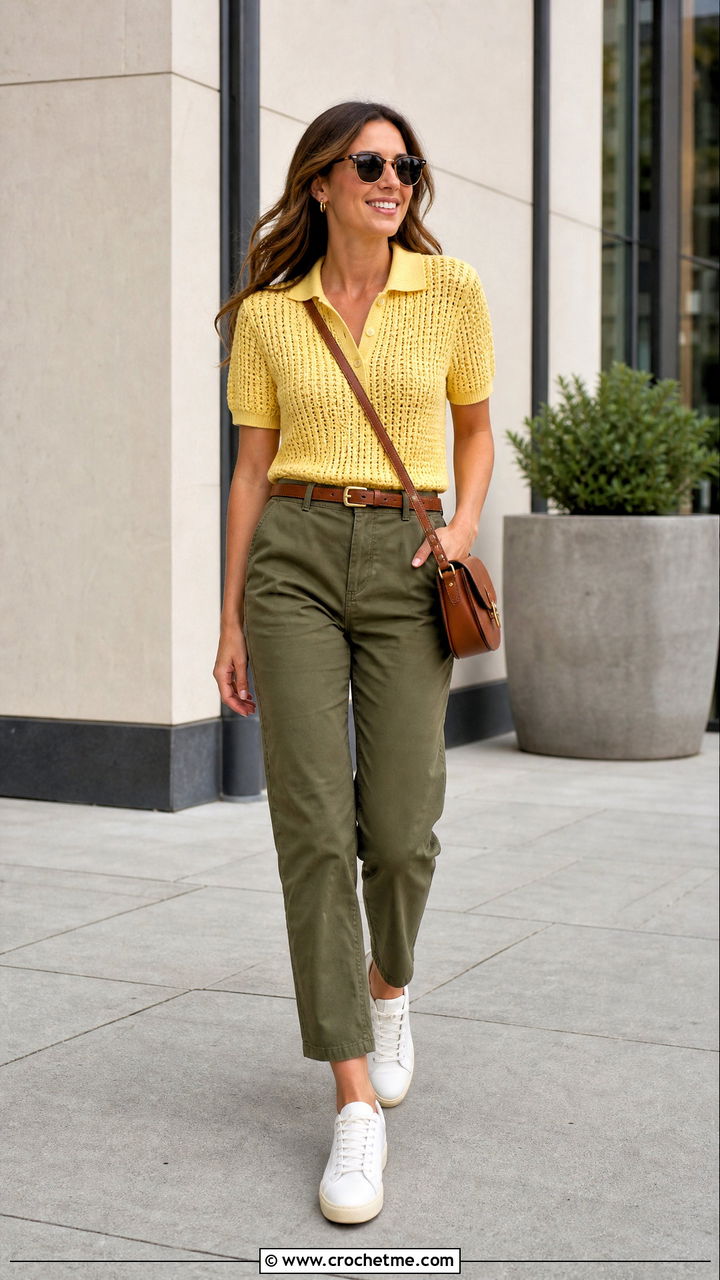 Crochet Polo Top With Chino Pants - 35 beginner crochet tops outfit ideas