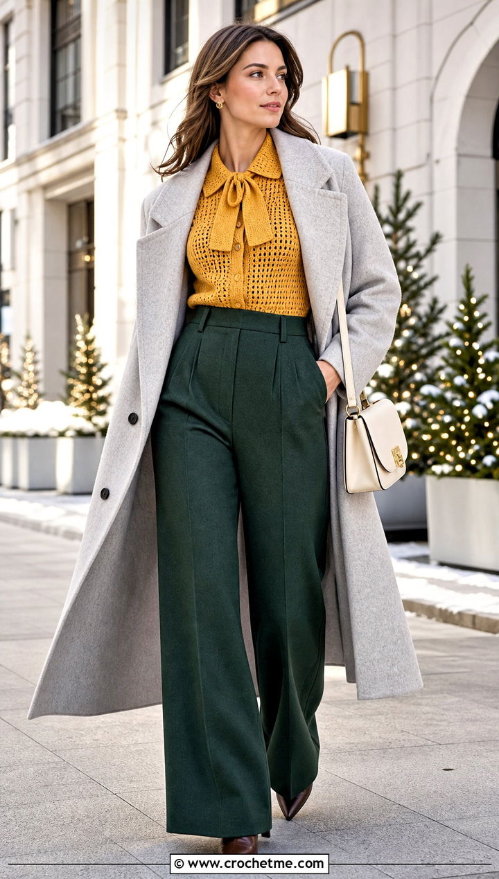 Crochet Polo Top With Neck Bow And Wide Leg Wool Pants - 15 crochet top with bow detail outfit ideas