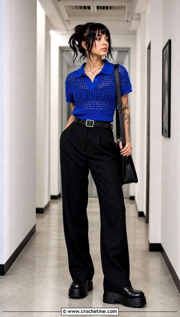 Crochet Polo Top With Pinstripe Trousers - 25 emo crochet top outfit ideas