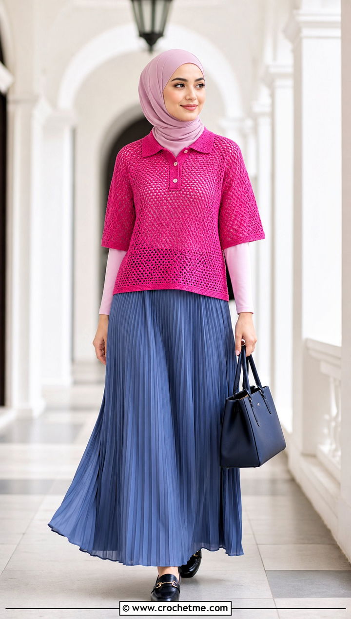 Crochet Polo Top With Pleated Maxi Skirt - 20 crochet top hijabi outfit ideas