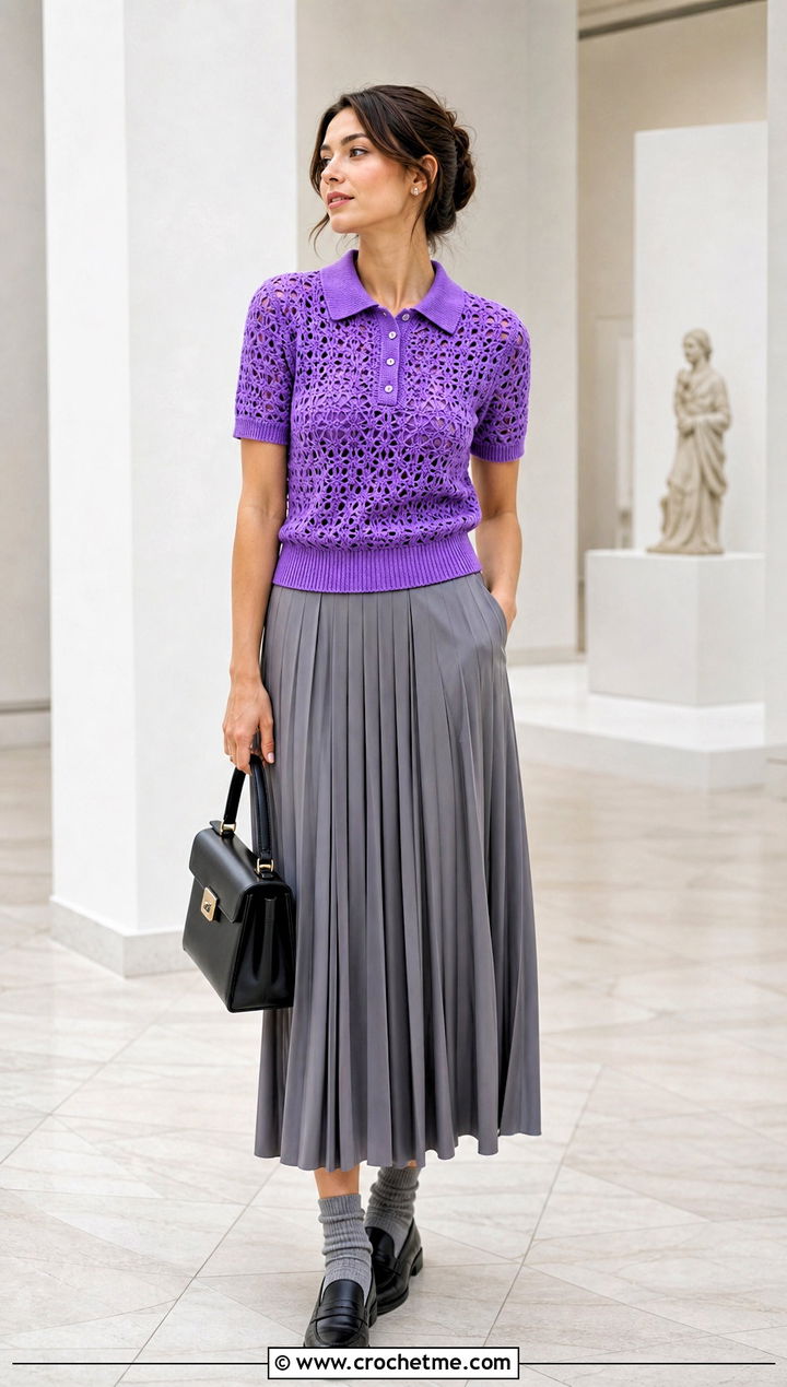 Crochet Polo Top With Pleated Maxi Skirt - 30 crochet top and long skirt outfit ideas