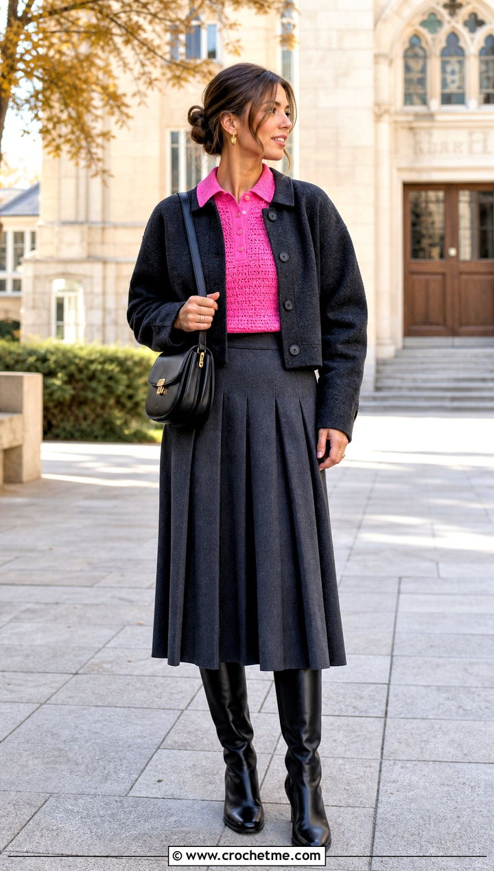 Crochet Polo Top With Pleated Midi Skirt - 30 crochet fall tops outfit ideas