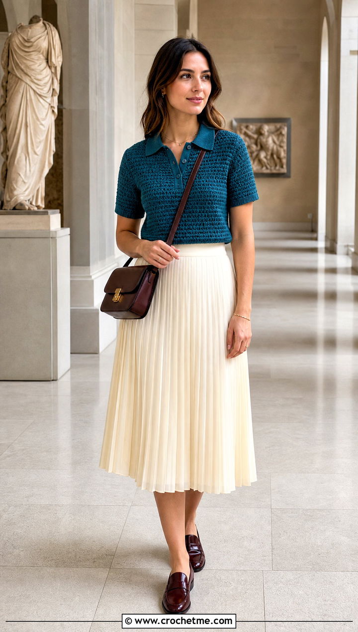 Crochet Polo Top With Pleated Midi Skirt - 25 Women's Crochet Tops outfit ideas