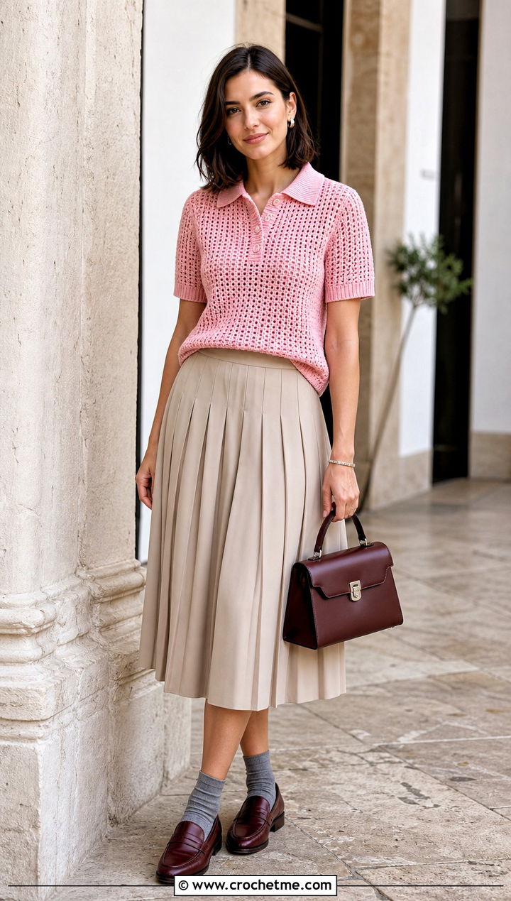 Crochet Polo Top With Pleated Midi Skirt - 15 crochet top dress style outfit ideas