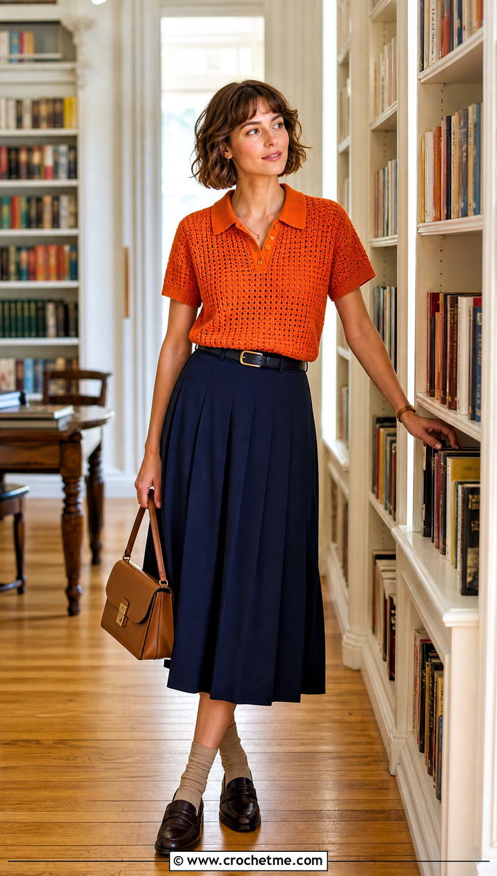 Crochet Polo Top With Pleated Midi Skirt - 15 crochet top on wooden floor outfit ideas