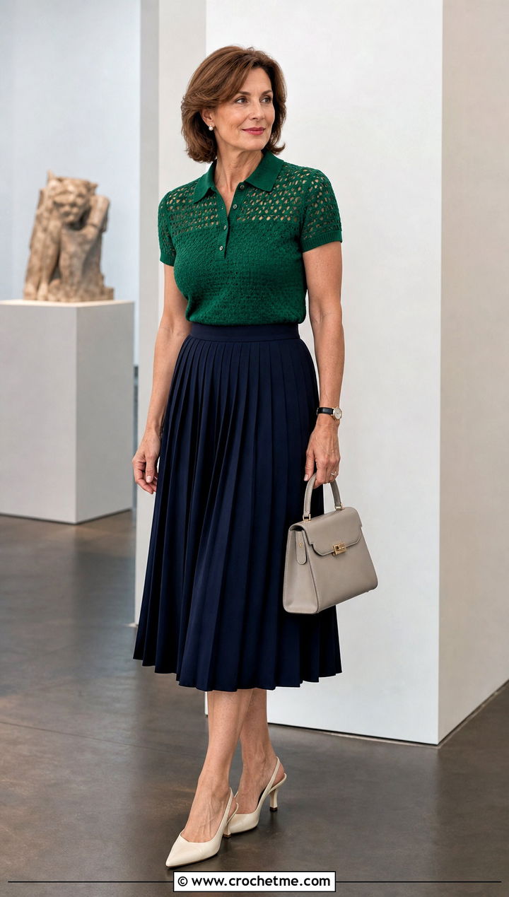 Crochet Polo Top With Pleated Midi Skirt - 15 honey punch crochet top outfit ideas