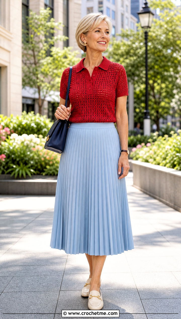Crochet Polo Top With Pleated Midi Skirt - 20 dainty crochet top outfit ideas