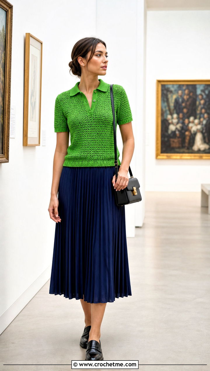 Crochet Polo Top With Pleated Midi Skirt - 30 crochet short sleeve top outfit ideas