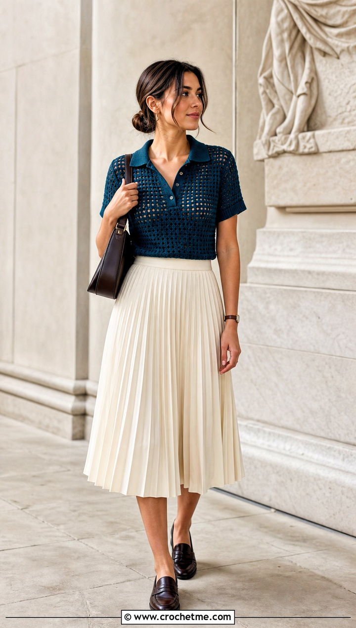 Crochet Polo Top With Pleated Midi Skirt - 35 Outfit With Crochet Top outfit ideas