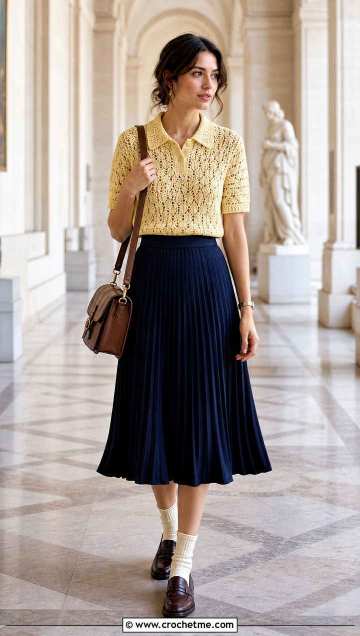 Crochet Polo Top With Pleated Midi Skirt - 25 vintage crochet tops outfit ideas