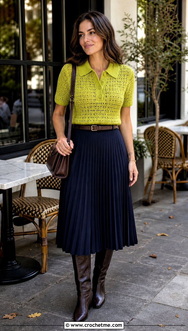 Crochet Polo Top With Pleated Midi Skirt - 30 crochet fall outfits ideas