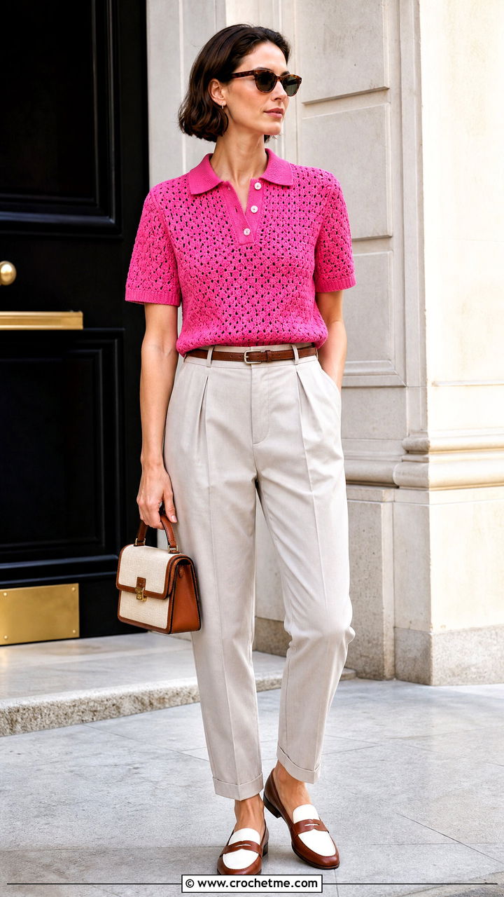 Crochet Polo Top With Pleated Pants - 35 crochet tops ideas
