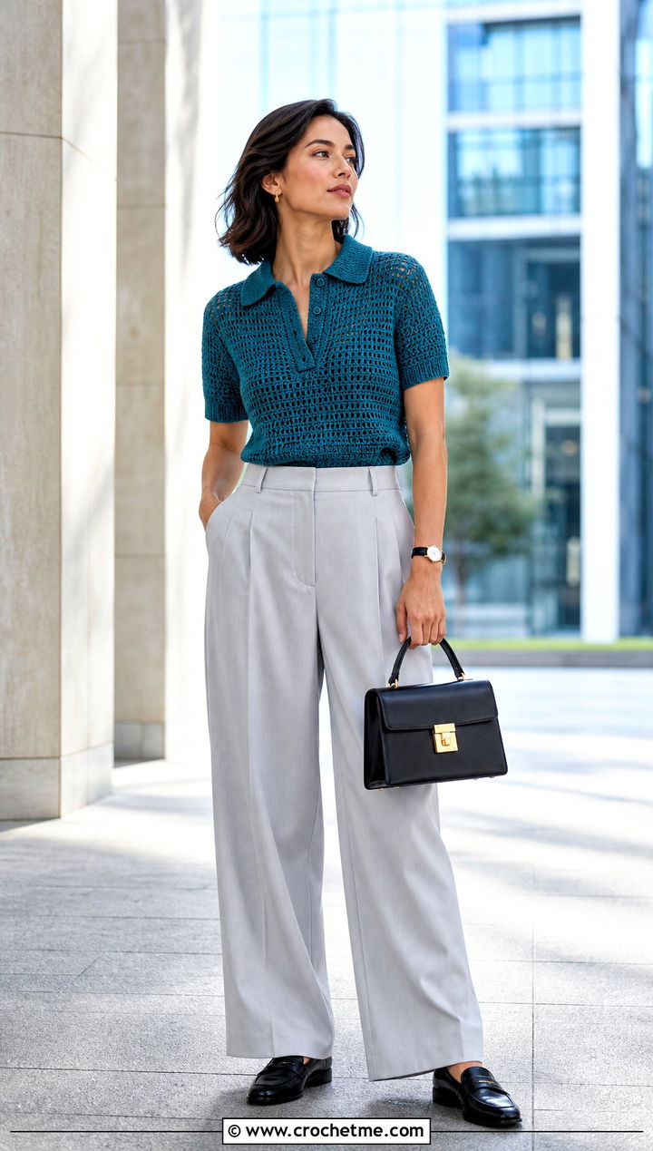 Crochet Polo Top With Pleated Trousers - 35 Crocheted Summer Tops outfit ideas