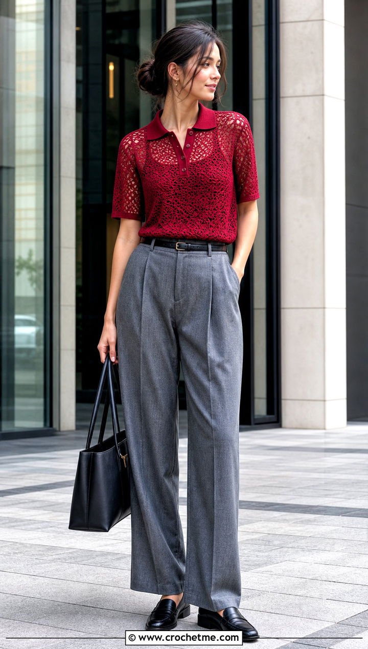 Crochet Polo Top With Pleated Trousers - 35 lacy crochet top outfit ideas