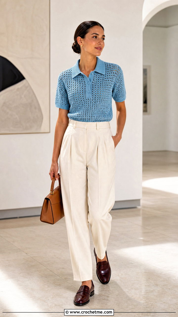 Crochet Polo Top With Pleated Trousers - 35 simple crochet tops outfit ideas
