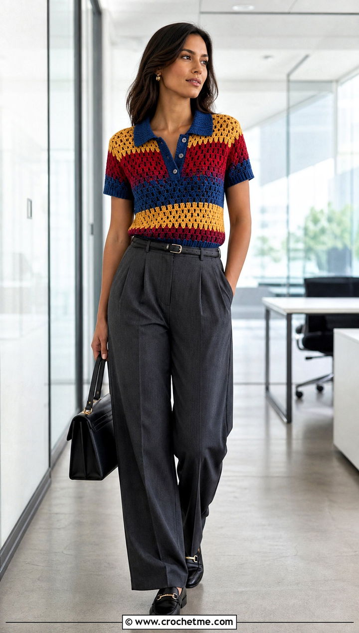 Crochet Polo Top With Pleated Trousers - 30 multi color crochet top outfit ideas