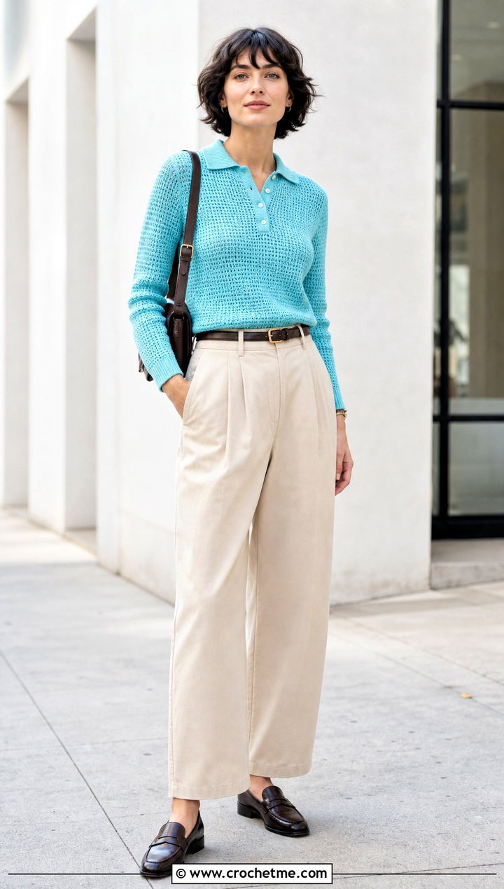 Crochet Polo Top With Pleated Trousers - 20 Crochet Tops With Long Sleeves outfit ideas