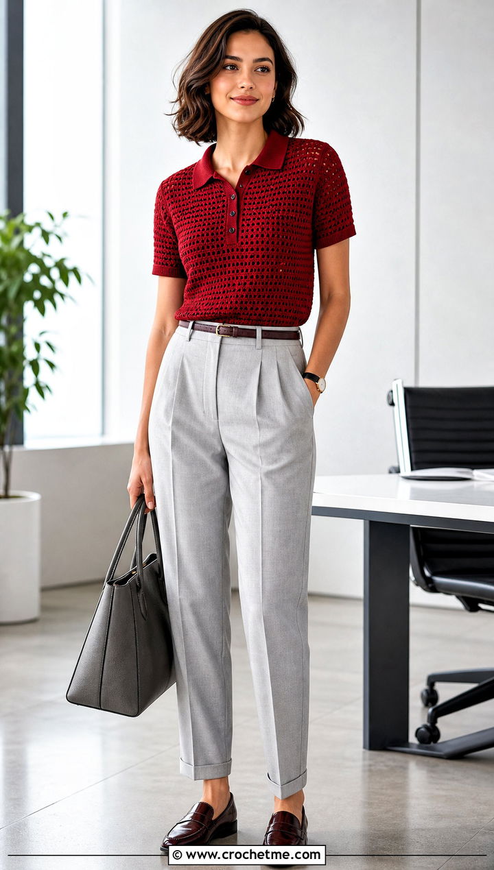 Crochet Polo Top With Pleated Trousers - 20 Etsy Crochet Top outfit ideas