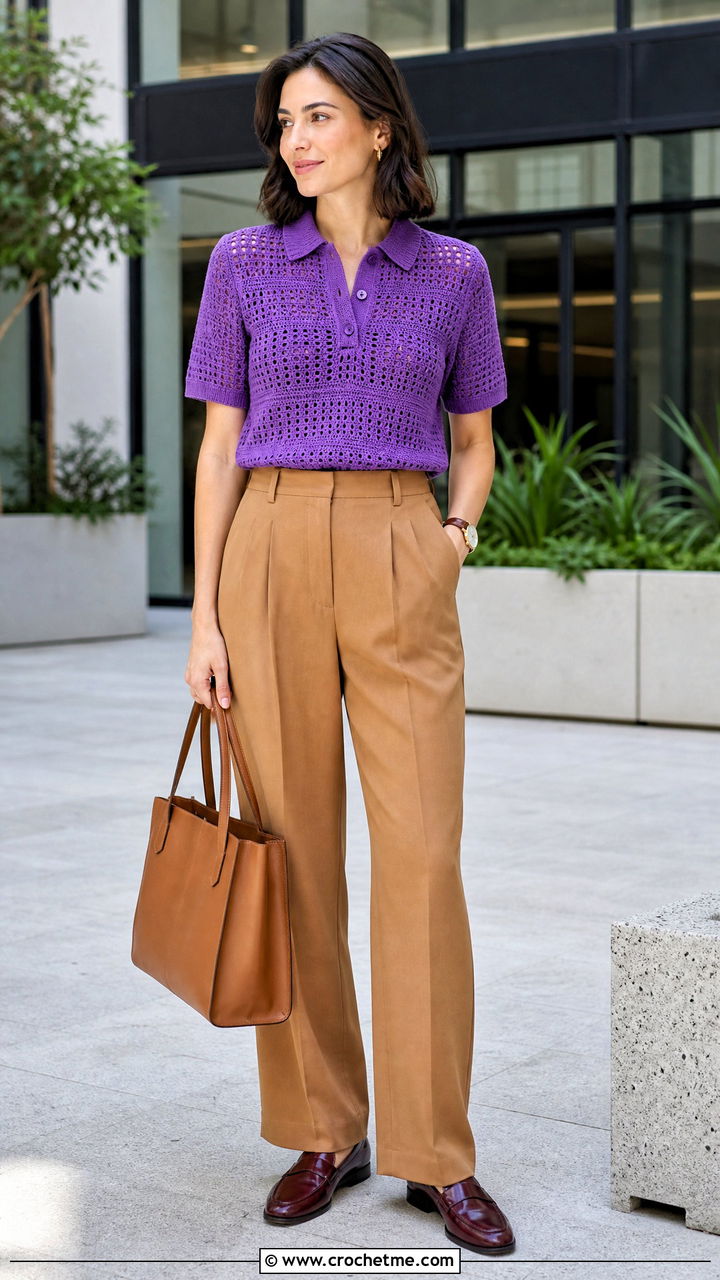 Crochet Polo Top With Pleated Trousers - 35 aesthetic crochet tops outfit ideas