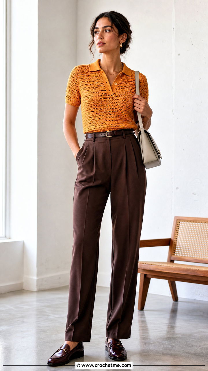 Crochet Polo Top With Pleated Trousers - 35 boho crochet tops outfit ideas