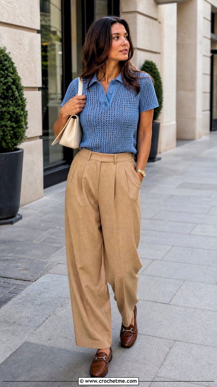Crochet Polo Top With Pleated Trousers - 35 crochet fitted top outfit ideas