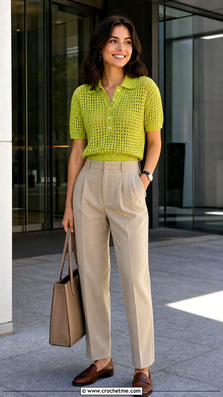 Crochet Polo Top With Pleated Trousers - 35 crochet summer tops for women outfit ideas