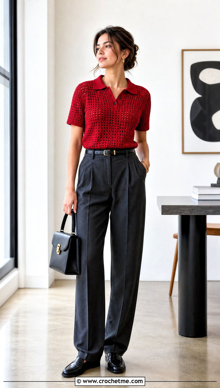Crochet Polo Top With Pleated Trousers - 30 beginner crochet top outfit ideas
