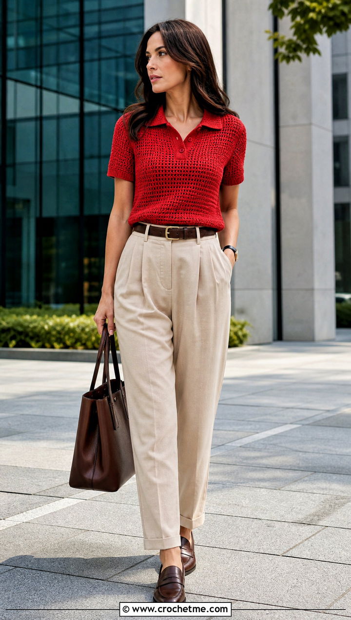 Crochet Polo Top With Pleated Work Trousers - 30 cute crocheted tops outfit ideas