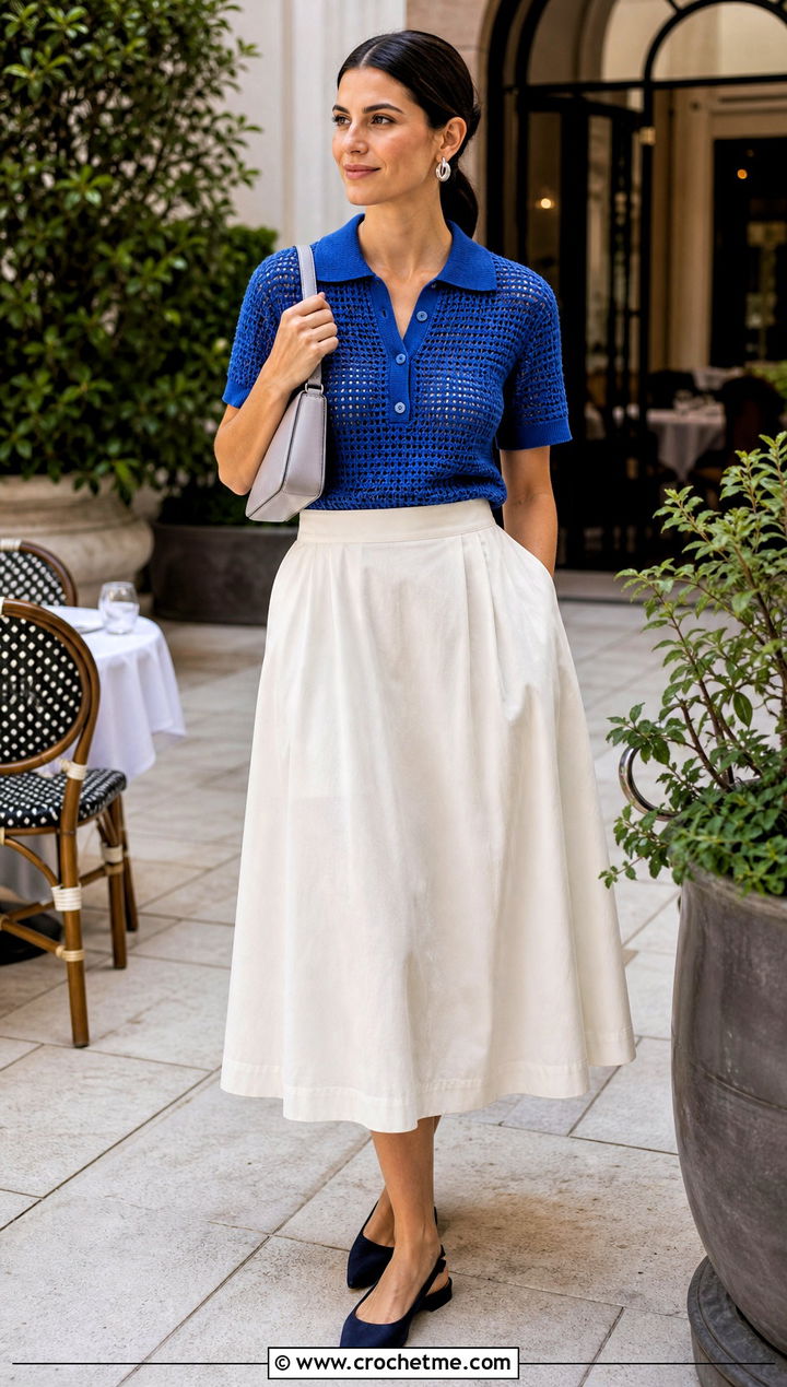 Crochet Polo Top With Poplin Midi Skirt - 35 Elegant Crochet Top outfit ideas