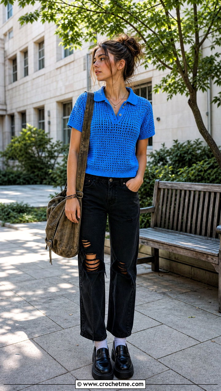 Crochet Polo Top With Ripped Straight Leg Jeans - 35 grunge crochet top outfit ideas