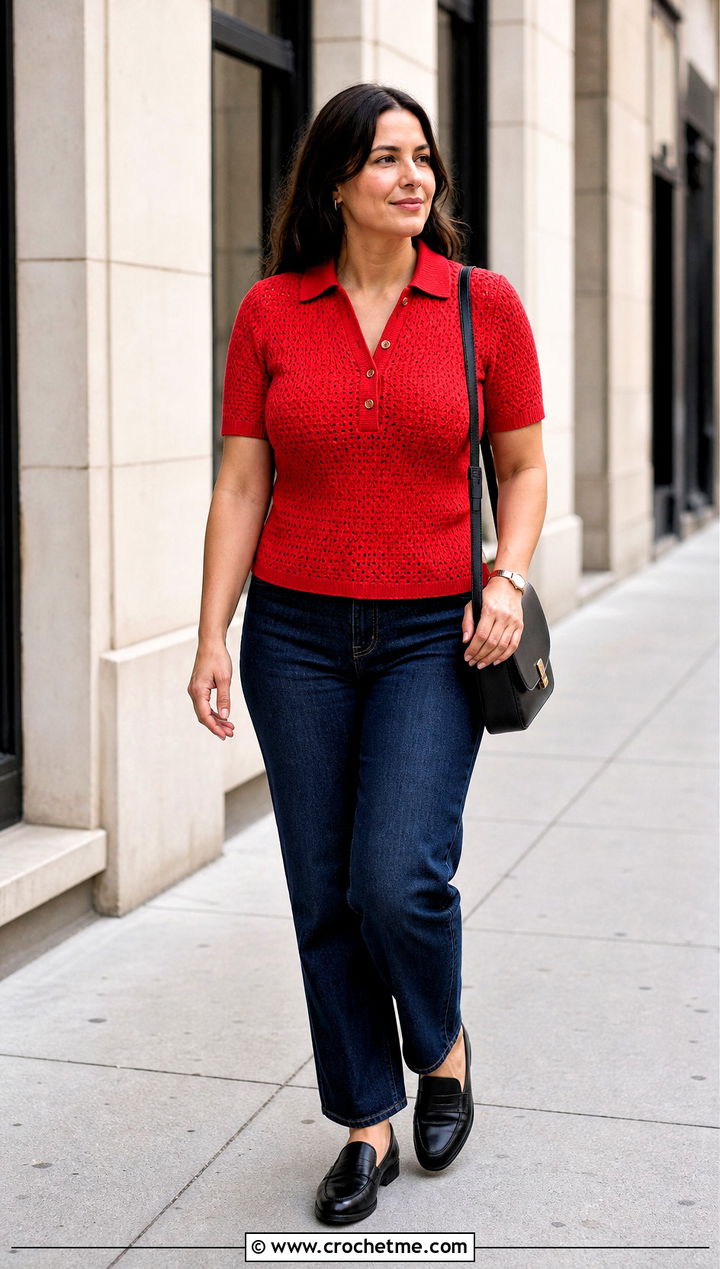 Crochet Polo Top With Straight Leg Jeans - 15 crochet top for big bust outfit ideas