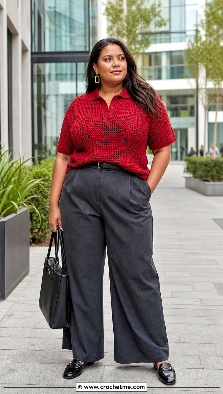 Crochet Polo Top With Tailored Trousers - 35 plus size crochet top outfit ideas