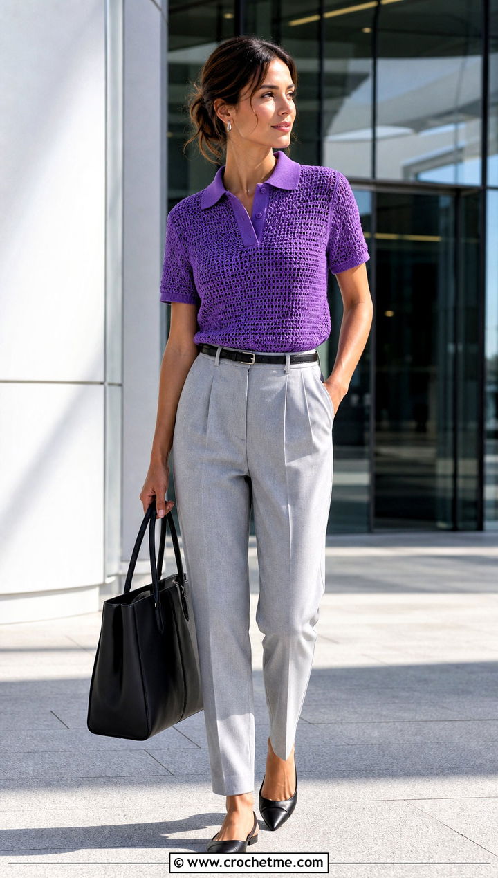 Crochet Polo Top With Tailored Trousers - 25 easy clothes to crochet outfit ideas
