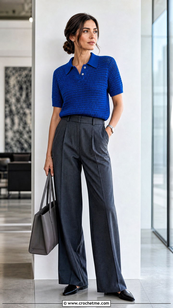 Crochet Polo Top With Tailored Trousers - 35 crochet clothes for women outfit ideas